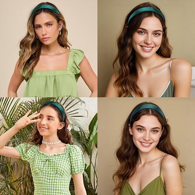 Wecoe 10 Pack Dark Green Headbands 1 Inch Wide Satin Headbands Women Non Slip Fashion Plain Head Bands Solid Hair Bands DIY St. Patrick's Day Hair Accessories for Women Girls Diademas Para Mujer