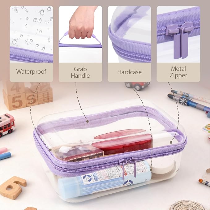 JZRTravel 3 Pack Clear Hard Shell Zipper Case with Handle Waterproof PET Hard Plastic Storage Pouches for Toiletry Makeup Cosmetic Toys Art Supplies Case Bag Organizer Travel Essentials