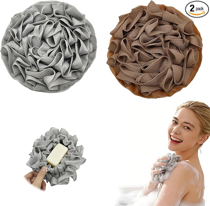 2-Pack Loofah Washcloth Combo 2-in-1, Exfoliating Soap Saver Pouch with Bar Soap Pocket, Reusable Shower Sponge for Body Wash & Smooth Skin,(Brown + Gray)