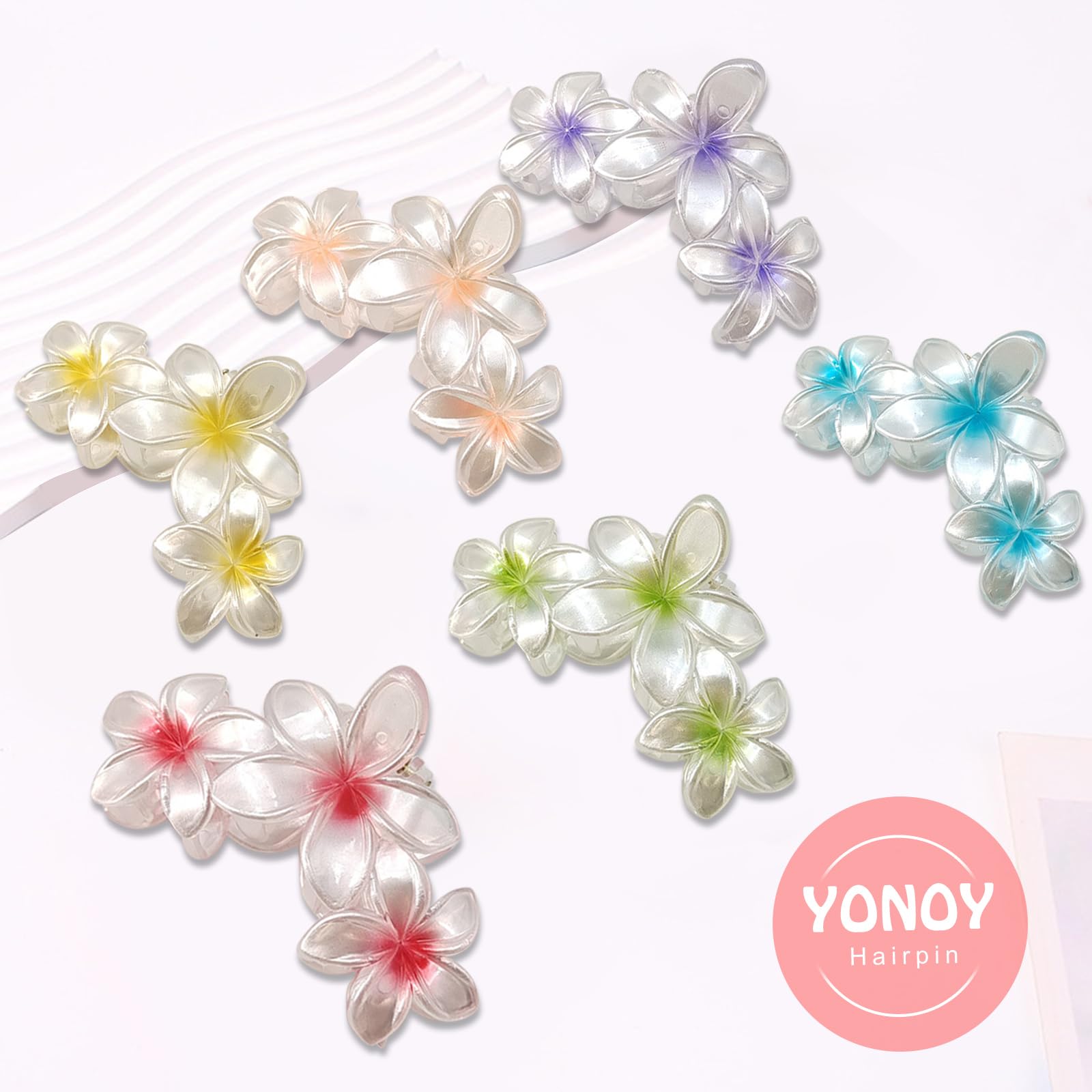 YONOY 6Pcs Flower Hair Clips for Women,Non-Slip Matte Flower Hair Clips for Women,Hawaiian Hair Flower Clip Large Plumeria Banana Cute Clip Beach Hair Accessories (Pearlescent color)