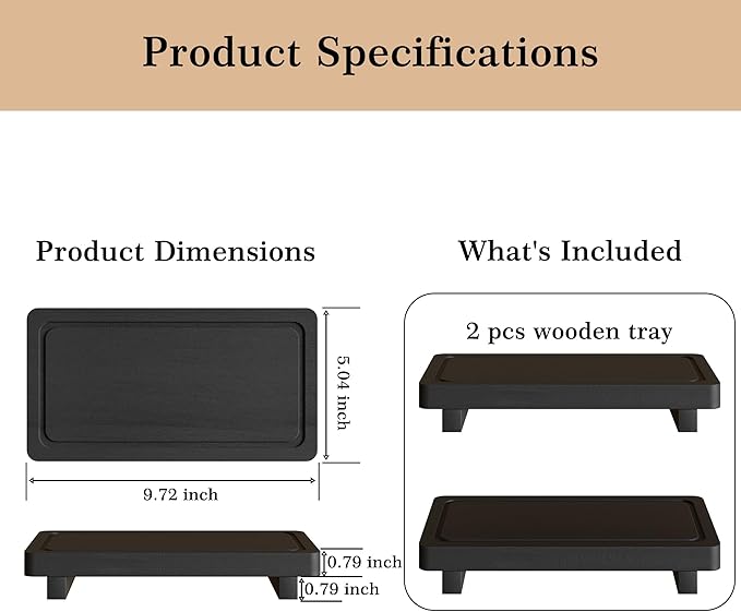 ZGO Small Counter Set of 2, Decorative Vanity Tray for Bathroom & Kitchen, Wooden Soap Holder, Black