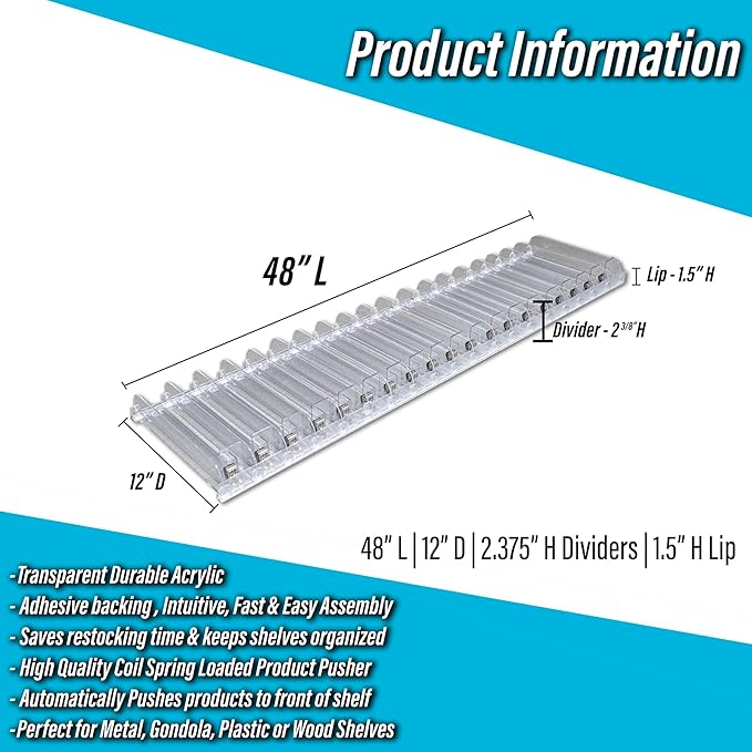 STORE FIXTURES DIRECT Auto Feed Shelf Product Pusher Kit, Adjustable Pushing System for 48" L x 12" D Shelves, 20 Pack - [380 Shelf Pushers + 400 Dividers]