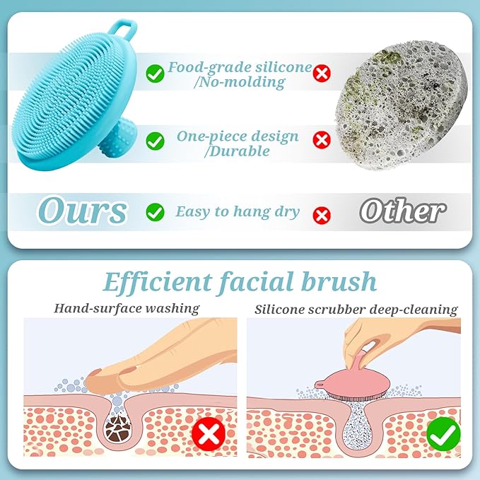 Silicone Face & Back Scrubber Set, Manual Face & Body Scrubber Exfoliator with Soft Bristles and Non-Slip Handle, Back Brush Bath Brush with 2 Detachable Brush Heads(3PCS Blue Set)