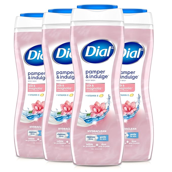 Dial Body Wash, Hydraclean Complex & Vitamin E, Gentle, Leaves Skin Feeling Nourished, Dermatologist-Tested, No Parabens & Sulfates, Pamper & Indulge, Silk & Magnolia, 16 Fl Oz (Pack of 4)