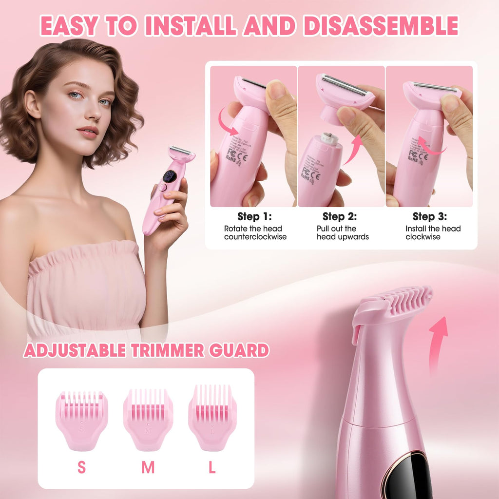 5 in 1 Bikini Trimmer for Women,IPX7 Waterproof Cordless Replaceable Pubic,Eyebrow,Facial Electric Razors&Nose Hair Trimmer&Painless Body Shaver for Arms Legs Underarms,USB Charge,LED Display,Wet&Dry