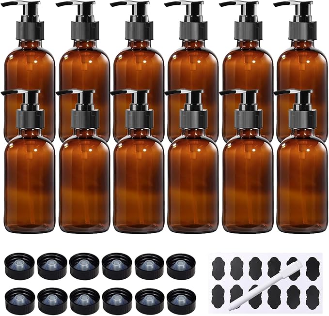 BPFY 12 Pack 8 oz Amber Glass Bottles with Pumps for Essential Oils, Cleaning Products, Lotions, Aromatherapy Oil, Pump Bottles, Refillable Containers with Cap, Funnel, 12 Chalk Labels, 1 Pen