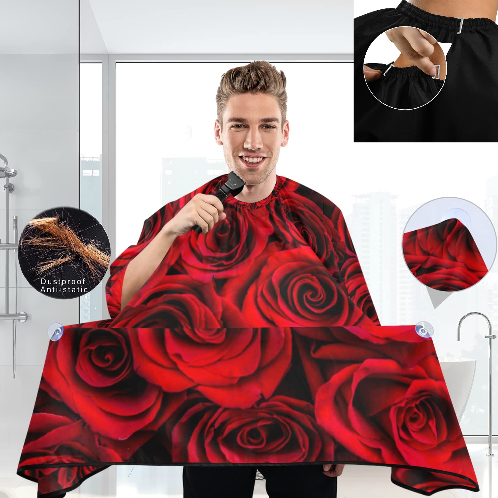 Visesunny Barber Cape - Red Rose Close Texture Polyester Hair Cutting Salon Apron Anti-Static Haircut Water-Resistant Shaving Cloth Beard Shaving Bib