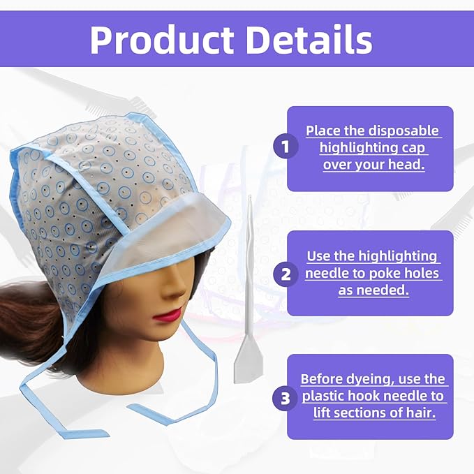 53Pcs Highlighting Cap Kit, 5 Pieces Highlight Hair Cap with 3Pcs Plastic Hooks and 45 pcs Hair Dye Tools, for professional hair styling and dyeing