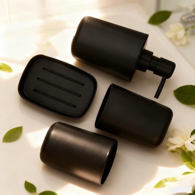 LGURT Matte Black Bathroom Decor Set – 4-Piece Plastic Modern Bathroom Accessories Set with Soap Dispenser, Toothbrush Holder, Rinse Cup & Soap Dish. Countertop Organizer for Home Bathroom Decor