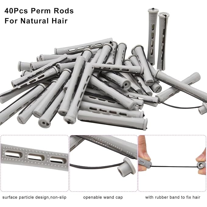 40PCS Perm Rods For Short Hair Grey Small Perm Rods For Natural Long Hair 0.59 inch Heatless Non-slip Hair Rollers DIY Hairdressing Tools