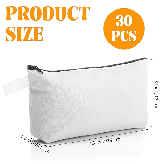 Saintrygo 30 Pcs Canvas Makeup Bags Bulk, Travel Cosmetic Zipper Pouch Blank DIY Multipurpose Toiletry Bag Hygiene Pouch for Women Purse Pencil Case (9.8 x 5 x 2 Inch,White)