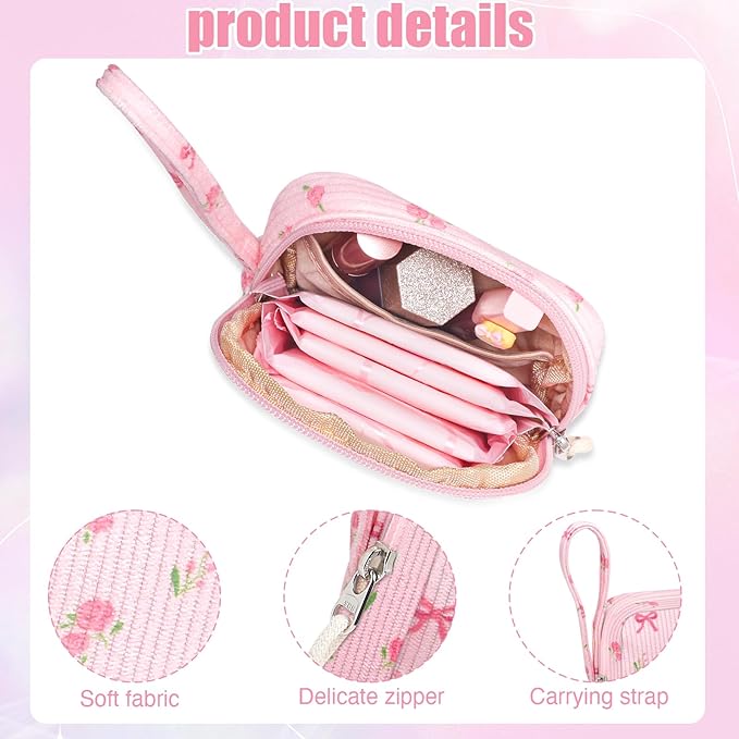 Chicarries Small Makeup Bag | Discreet Period Bag Pad Pouch for Purse| Sanitary Napkin Storage & Tampon Holder for Travel(Flower bow pink)