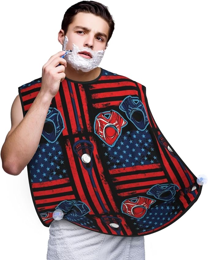 Beard Bib Apron for Men Shaving, Waterproof Non-Stick Hair Catcher with Suction Cups, Grooming Essential for Dad Husband, USA Vintage American Lacrosse Sticks Ball Flag Shave Bib