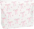 Ksriylm Cute Makeup Pouch for Women Bows Hearts Small Make Up Bag for Purse Zipper Initial Cosmetic Bags Pouches for Purse Aesthetic Travel Toiletrybags,Pink Bow Heart