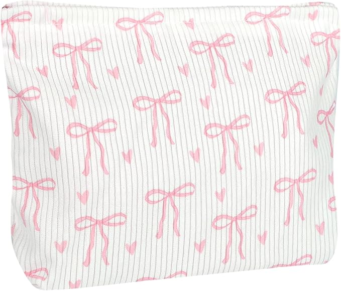 Ksriylm Cute Makeup Pouch for Women Bows Hearts Small Make Up Bag for Purse Zipper Initial Cosmetic Bags Pouches for Purse Aesthetic Travel Toiletrybags,Pink Bow Heart