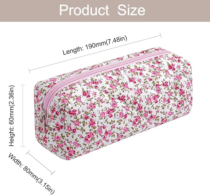 WHHJM Cute Floral Makeup Brush Bag Small Cotton Quilted Cosmetic Bag for Women Travel Toiletry Zipper Make Up Pouch (Red Floral)