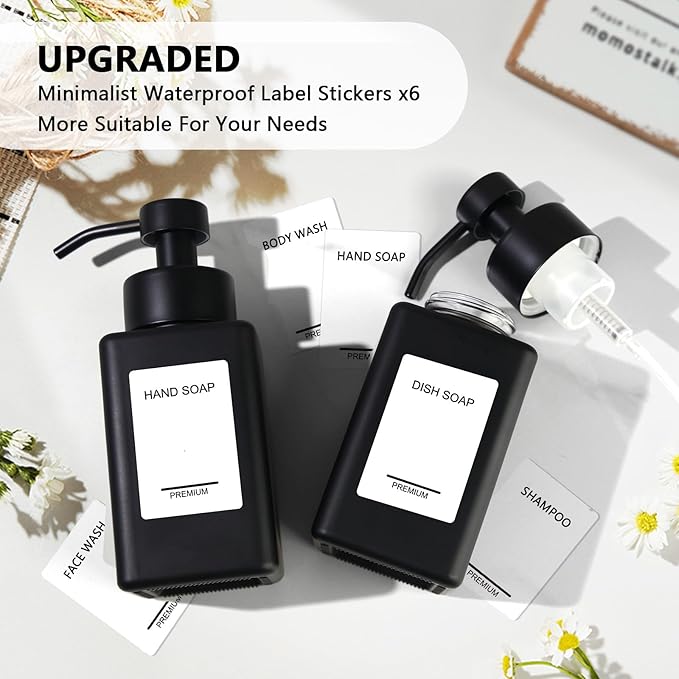 PLOUTA HOME Black Foaming Hand Soap Dispenser 2 Pack,12oz/350ml Glass Foaming Soap Dispenser Set with Stainless Steel Pump, Square Refillable Foam Pump Bottles for Bathroom&Kitchen,Includes 6 Labels