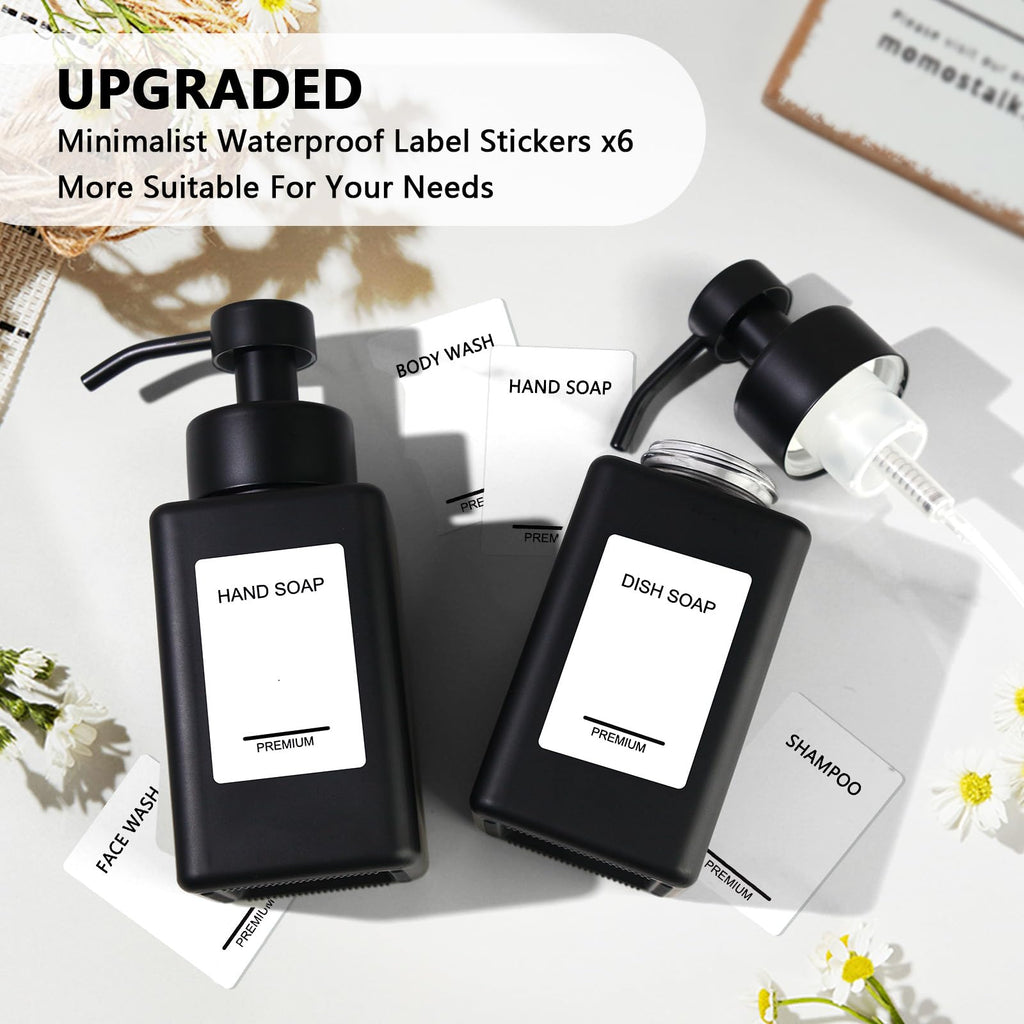 PLOUTA HOME Black Foaming Hand Soap Dispenser 2 Pack,12oz/350ml Glass Foaming Soap Dispenser Set with Stainless Steel Pump, Square Refillable Foam Pump Bottles for Bathroom&Kitchen,Includes 6 Labels