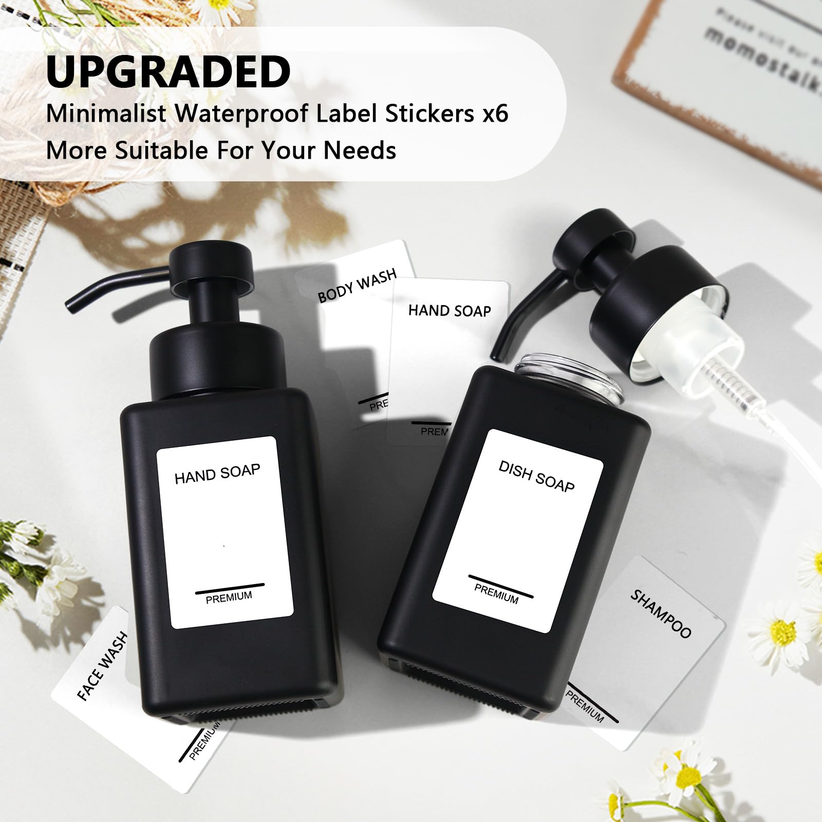 PLOUTA HOME Black Foaming Hand Soap Dispenser 2 Pack,12oz/350ml Glass Foaming Soap Dispenser Set with Stainless Steel Pump, Square Refillable Foam Pump Bottles for Bathroom&Kitchen,Includes 6 Labels