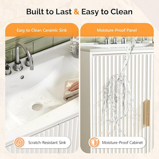 VINGLI 30 Inch Bathroom Vanity with Sink, Modern White Freestanding Cabinet with Ceramic Top, Fluted Soft-Close Doors & Gold Handles, U-Shape Storage for Small Bathroom