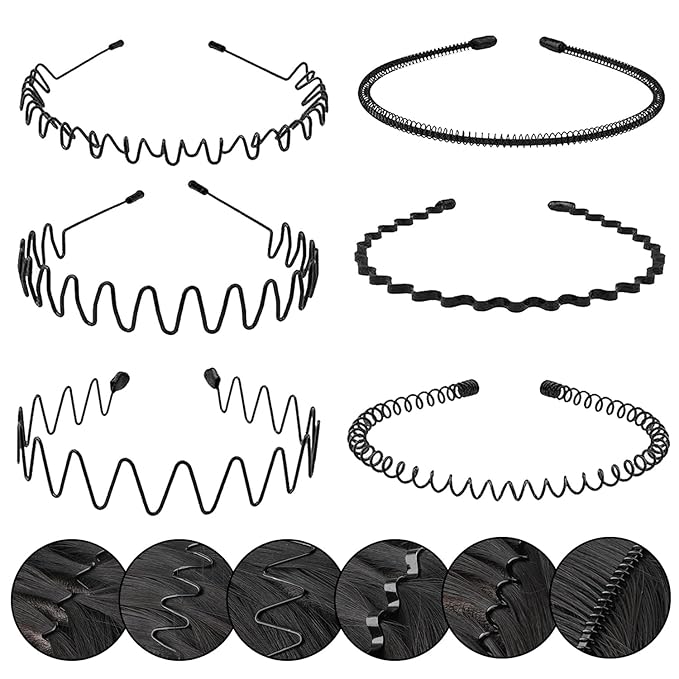 Metal Headbands for Men & Women, 6 Pack Wavy Spring Zigzag Hair Bands, Adjustable Non-Slip Sports Headband for Running, Workout, Gym & Outdoor Activities, Black Unisex Hair Accessories