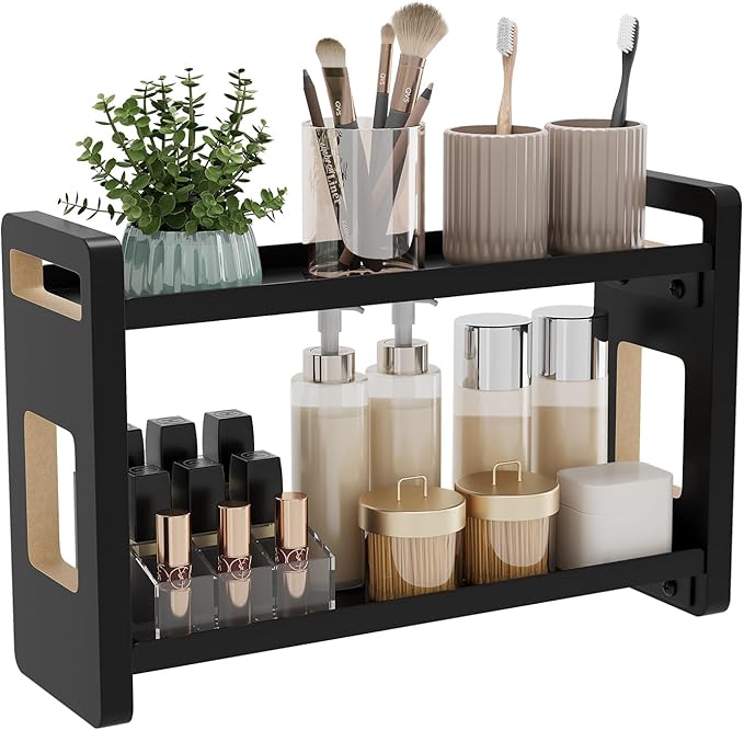 UJQSUN Bathroom Counter Organizer,Bathroom Counter Shelf,Bathroom Organizers,Under Sink Organizer,Cologne Organizer for Men,Colognes Stand,Cologne Cabinet,Vanity Shelf(Black 2 Tier)