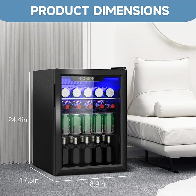 DOGHLY Beverage Refrigerator Cooler, 95 Can Mini Fridge Glass Door for Drinks Soda, Beer, or Wine - Small Refrigerator for Office Bedroom Home Bar, Adjustable Shelves, 2.6 Cu.Ft, Black