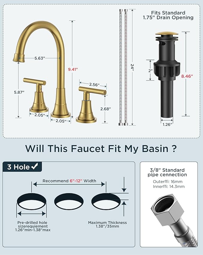 FORIOUS Gold Bathroom facuet 3 Hole, 8 inch Brushed Gold Bathroom Sink Faucet Widespread with 360° Swivel Spout and Spare Water-Saving Aerator and Drain, 3 Piece Vanity Tap for Restroom Upgrade