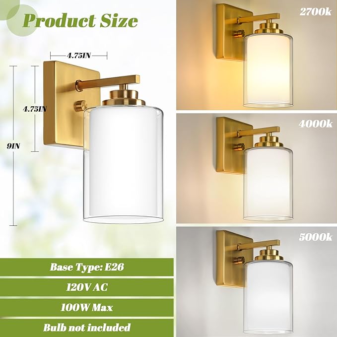 VerRon Wall Sconces Set of 2 with Double Clear Glass Shade for Bathroom