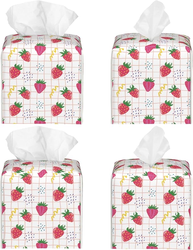 Cute Pink Strawberries Tissue Box Cover Square,Cartoon Strawberry Fruits Tissue Box Holder Waterproof Leather Facial Paper Organizer Dispenser for Bathroom Home Car Nightstand Vanity Desk