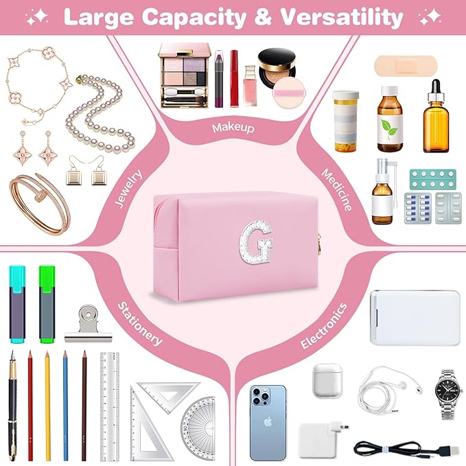 ChaoGreat Bride Gifts – Personalized Initial Makeup Bag with Pearl Rhinestone Patch, Preppy Pink Monogram Cosmetic/Toiletry Pouch, bridesmaid Gifts, Bridal Shower Gifts, Wedding Gifts, Bridal Gifts,G