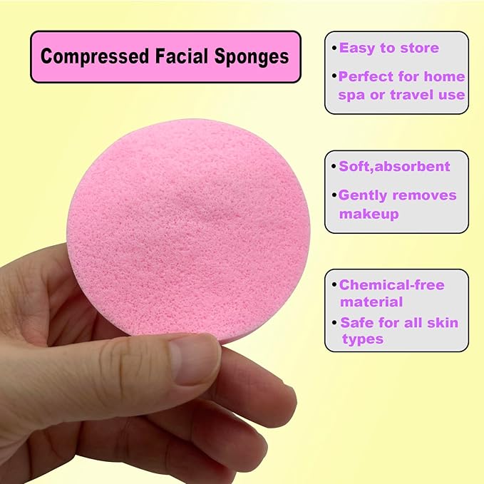120PCS Facial Sponges Compressed – Soft Disposable Face Cleansing Pads for Makeup Removal, Esthetician-Grade Round Exfoliating Spa Facial Sponge for Women & Daily Skincare (White,Pink,Blue)