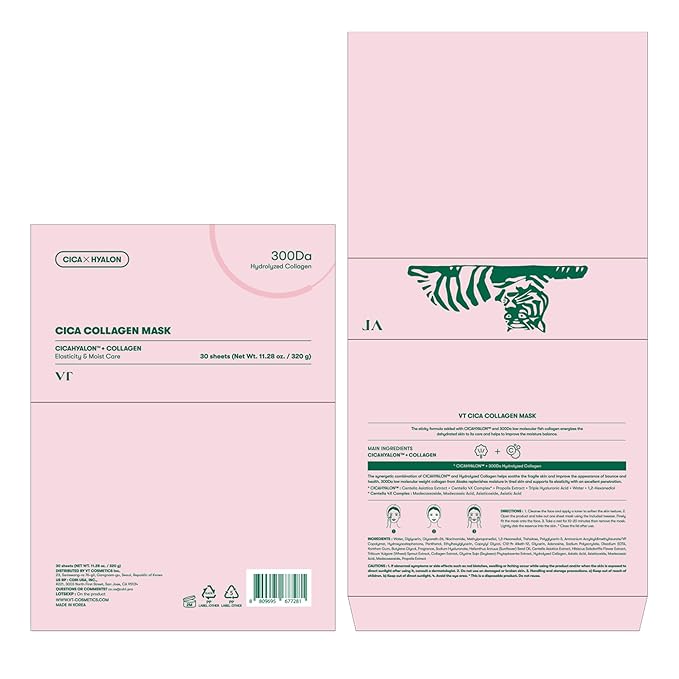 VT COSMETICS CICA Collagen Daily Mask, 30 Sheet Masks with 300Da Low Molecular Collagen, CICA, Hyaluronic Acid & Niacinamide, Hydrating Firming Face Mask for Plump Skin, Korean Skincare