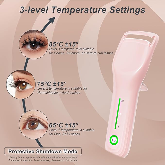 Heated Eyelash Curler for Women, Type-C Rechargeable with 3 Temp Settings & Silicone Pad for Natural C Curl, Travel-Friendly Heated Lash Curler (Pink)