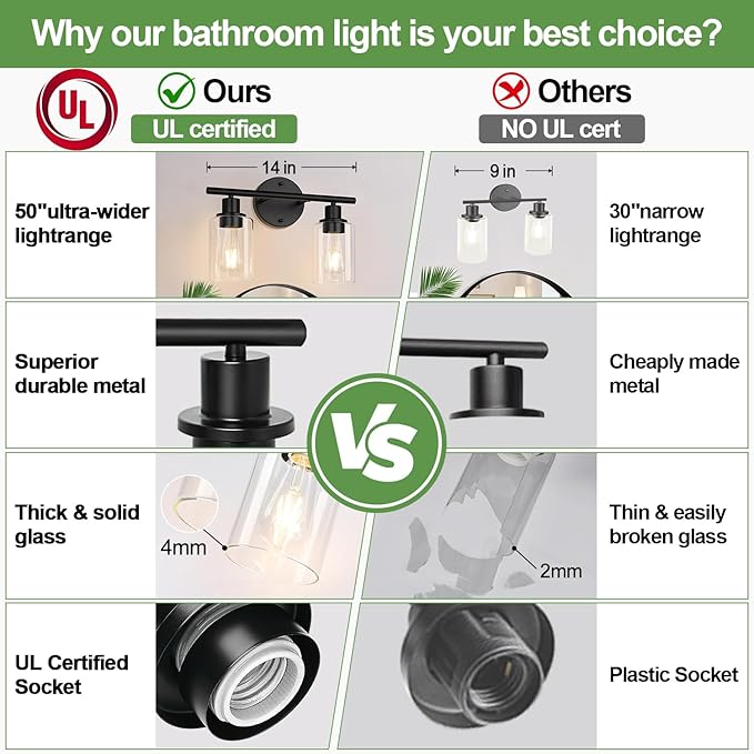 Zarbitta 2-Light Bathroom Light Fixtures, Black Modern Vanity Lights with Clear Glass Shade, Bathroom Wall Lamp for Mirror Kitchen Living Room Hallway Cabinet Porch