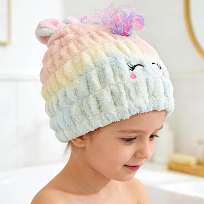 Ksheria 2 PCS Microfiber Hair Towel Wrap for Kids, Girls & Women,Cute Unicorn and White Rabbit Dry Hair Cap - Super Absorbent Quick Drying, Lightweight Turban Towel for Wet Hair