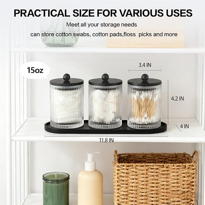 3 Pack Qtip Holder Bathroom Set,Cotton Pad Ball Swab Holder Cotton Round Floss Pick Dispenser with Tray,Glass Apothecary Jars with Black Lids,Bathroom Organizers and Storage Canisters