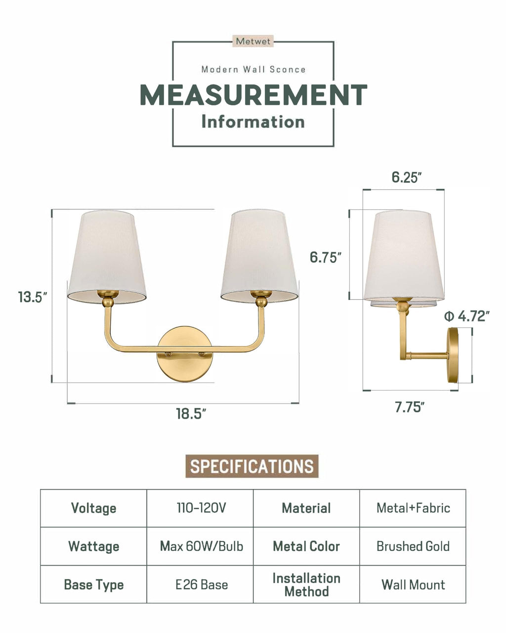 METWET 2 Light Bathroom Vanity Light, Brushed Gold Double Wall Sconce with Flared White Fabric Shade, Modern Sconces Wall Lighting for Hallway Bedroom Stairway, VL837-BG