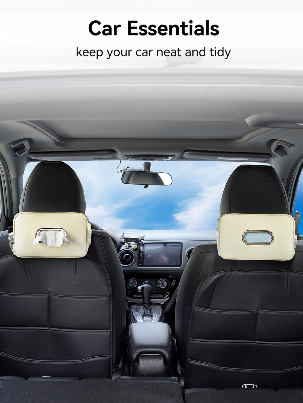 Multi-Functional Car Tissue Holder with ‌2 Storage Nets, Tissue Box Cover