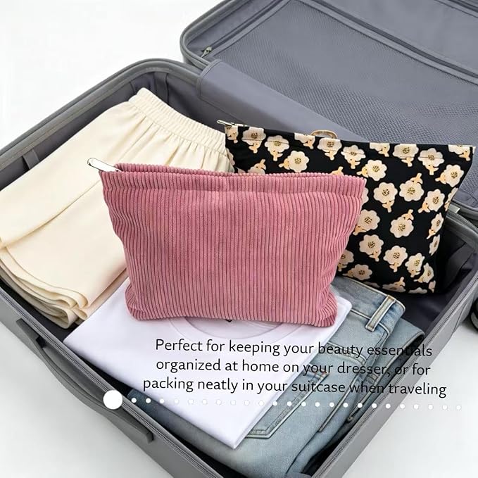 RIKMOXR 2 large cosmetic bags Ladies' corduroy canvas makeup bag, travel makeup bag, purse storage bag, featuring black floral and pink patterns