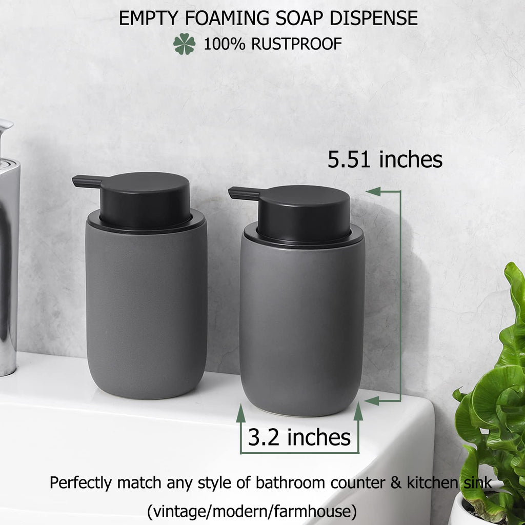 2 Pack Ceramic Foaming Soap Dispenser, Thick Black Pump Bottles, Gray
