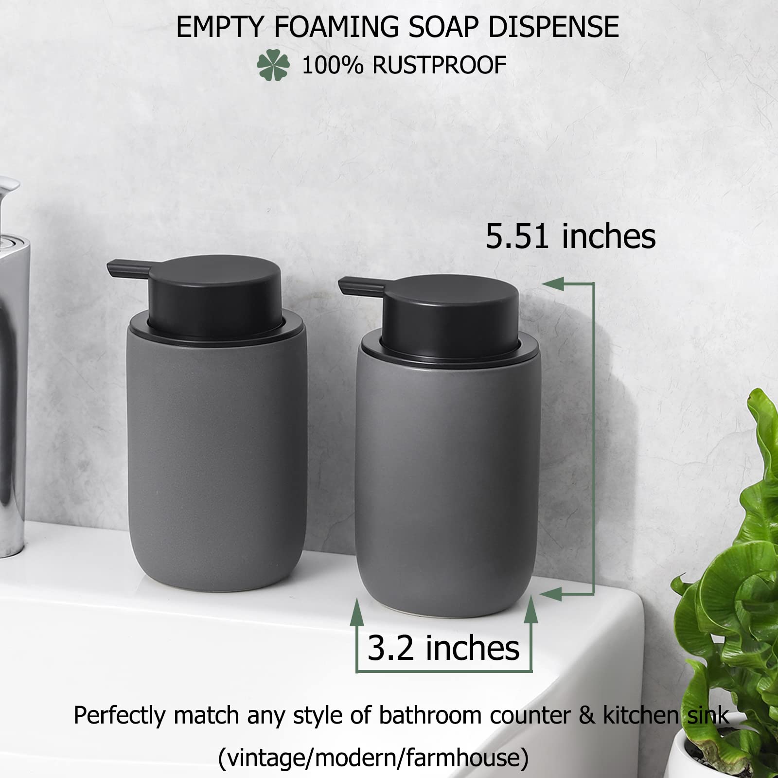 2 Pack Ceramic Foaming Soap Dispenser, Thick Black Pump Bottles, Gray