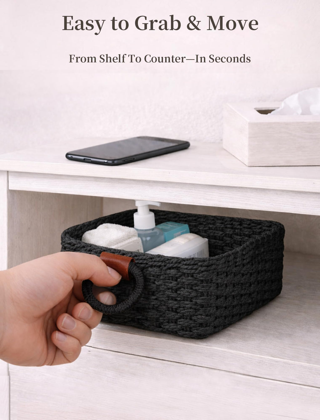 Panovox Small Wicker Baskets, 3 PCS Paper Rope Baskets for Shelves, Black