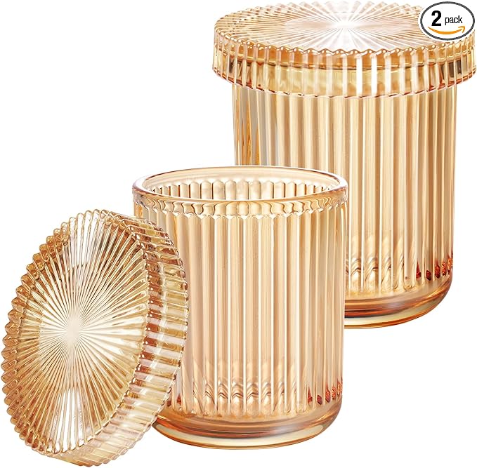 SheeChung Glass Qtip Holder Dispenser, 2-Pack Apothecary Jars- Vintage Sunburst Bathroom Organizer & Storage Set -Vanity Canister for Cotton Swabs, Balls, Pads - Luxury Modern Farmhouse Decor (Amber)