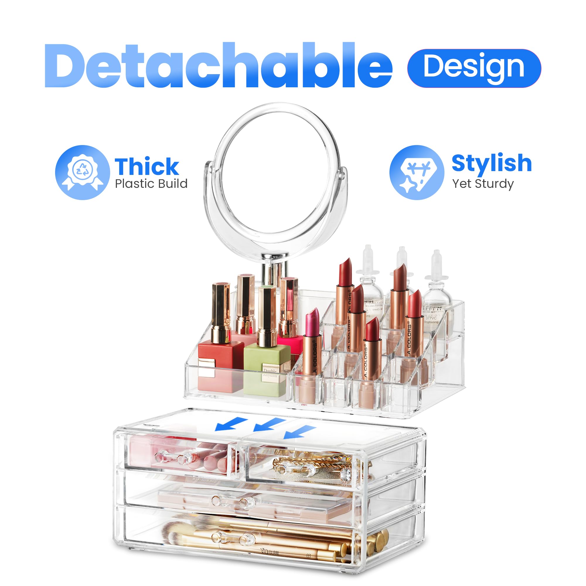 Masirs Clear Makeup Organizer with Mirror – 16-Compartment Cosmetic and Jewelry Holder, 4-Drawer Vanity Storage, Elegant Clear Design for Makeup and Accessories