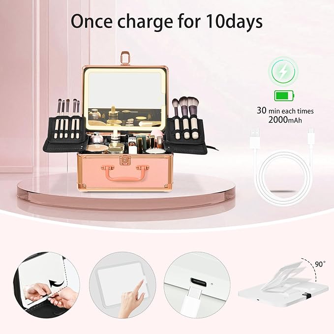 GALHUBIS Rose Gold Makeup Case with Lighted Mirror, Detachable LED Mirror, Travel Makeup Train Case, Waterproof Cosmetic Organizer, Standing Makeup Brush Holder, Gift