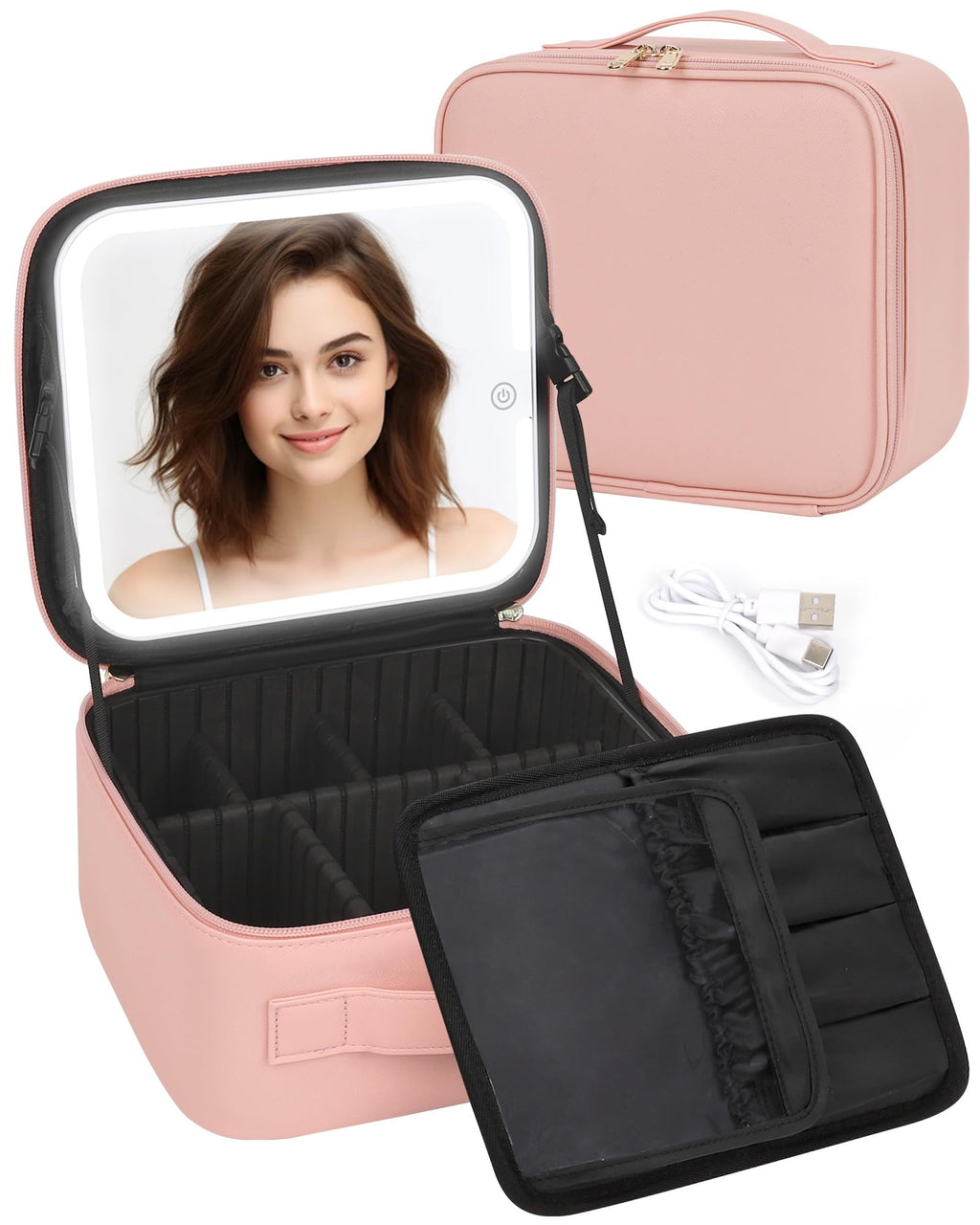 TANTO Makeup Bag With LED Mirror, Travel Makeup Case with Light up Mirror Large Cosmetic Case with 3 Color Lighted Portable Professional Organizer Bag with Adjustable Dividers（Pink）
