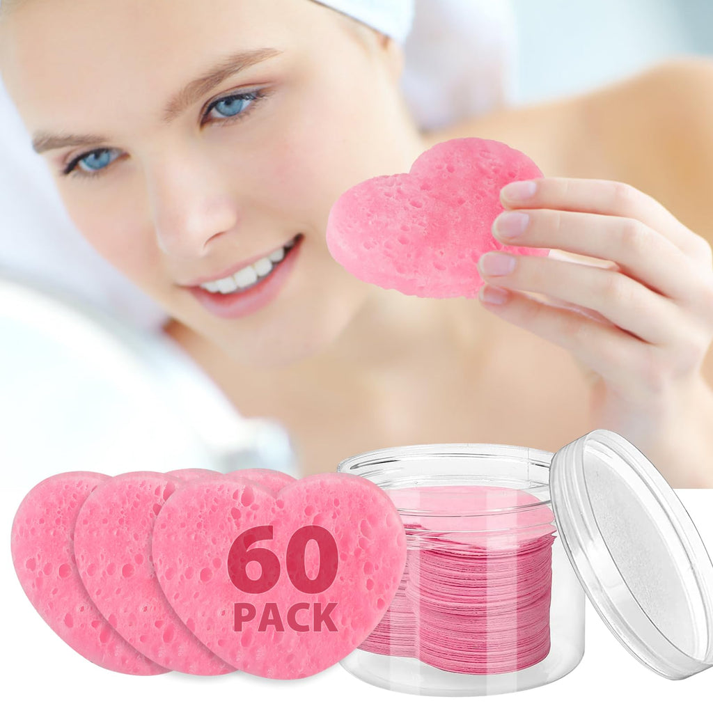 60-Count Compressed Facial Sponges With Container, Heart Shape Face Sponge, 100% Natural Pads for Cleansing, Massage, Pore Exfoliating Mask, Makeup Removal (Pink)
