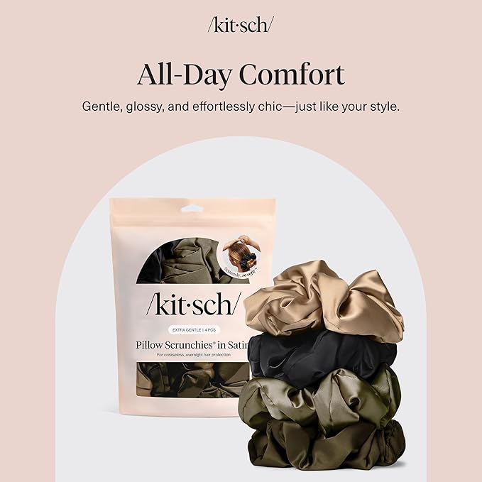 Kitsch Pillow Satin Scrunchies for Women - Hair Ties No Damage, No Crease Hair Accessories | Perfect for Day or Night - Black, 4pcs