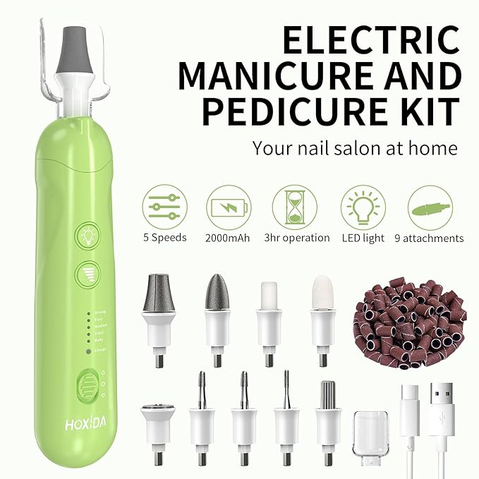 Professional Manicure Pedicure Kit, Cordless Electric Nail File Set, Rechargeable Pedicure Tools for feet, 5 Speeds Hand Foot Care Nail Drill for Thick Nail Toenail Cuticle Women Men Baby Pets-Green